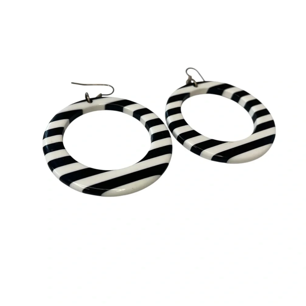 Vintage art deco hollow circle dangle earrings black and white striped 3" drop - Picture 4 of 4